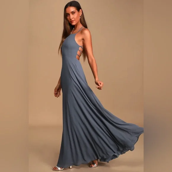 Lulus Strappy To Be Here Denim Blue Lace-Up Maxi Dress - Picture 1 of 3